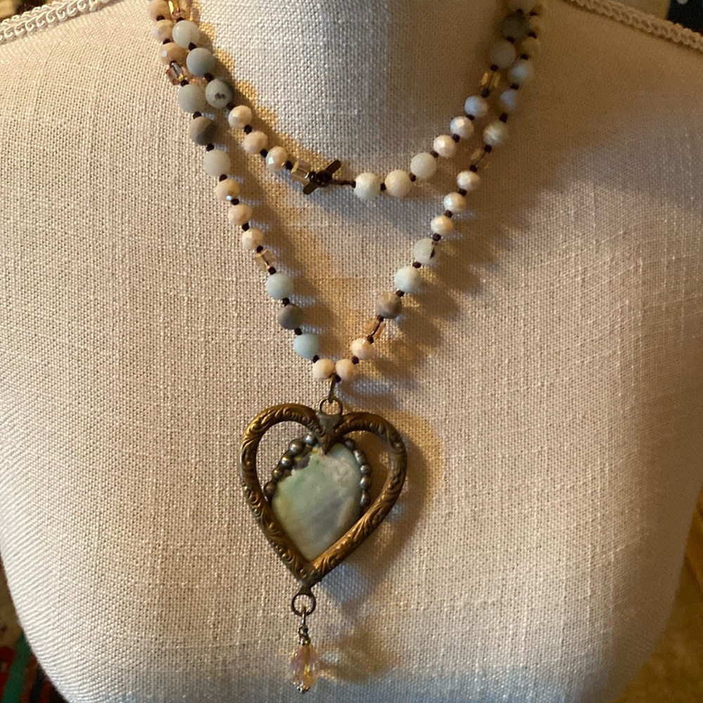 Art by Amy soft pallet color beaded necklace with bronze metal heart with stone.